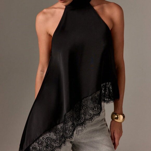 Black elegant Women's Sleeveless High Neck Lace Trim Asymmetric Satin Top - Picture 1 of 5